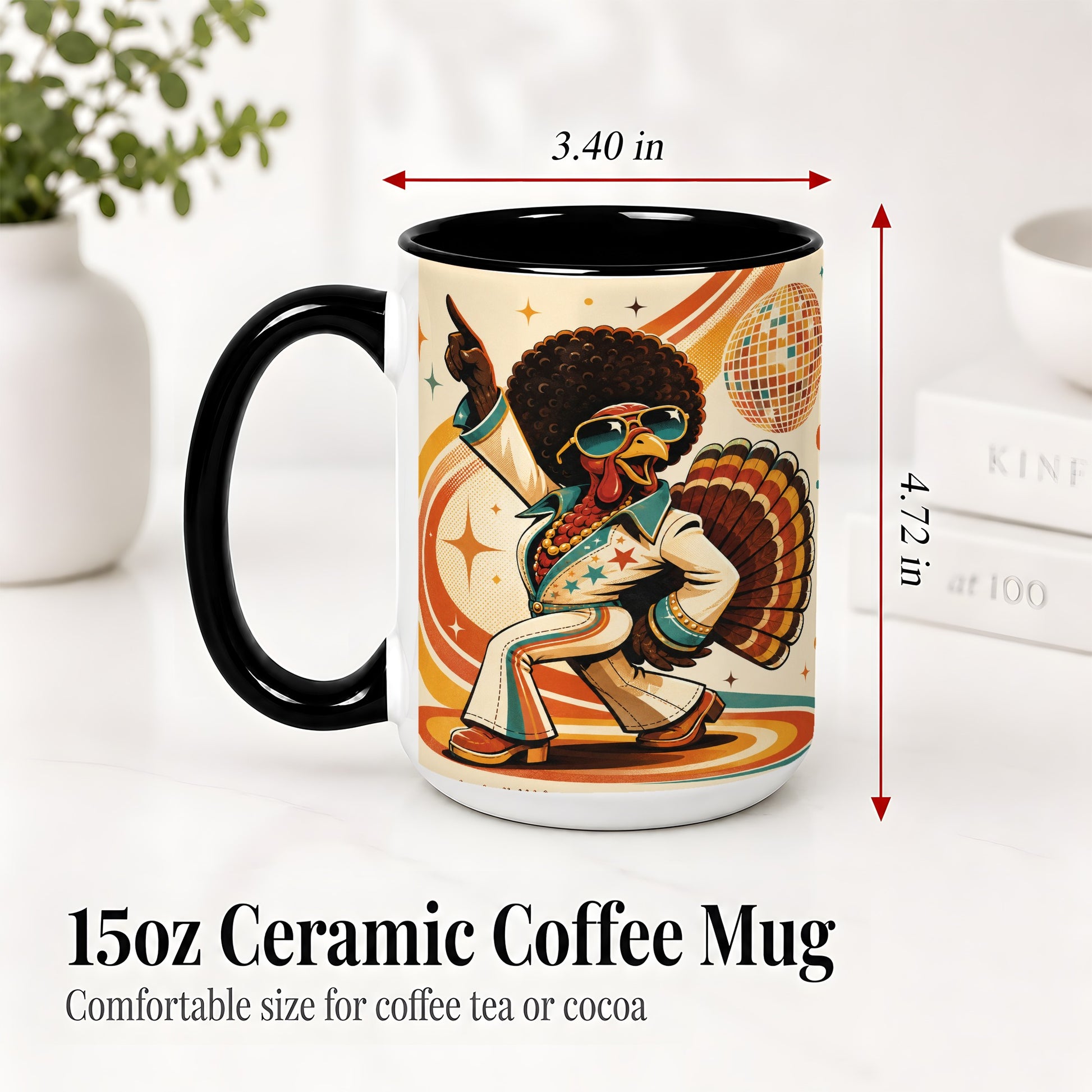 #pl[15oz|Black] Retro Disco Turkey Accent Mug, Ceramic Mug with 70s Dance Artwork