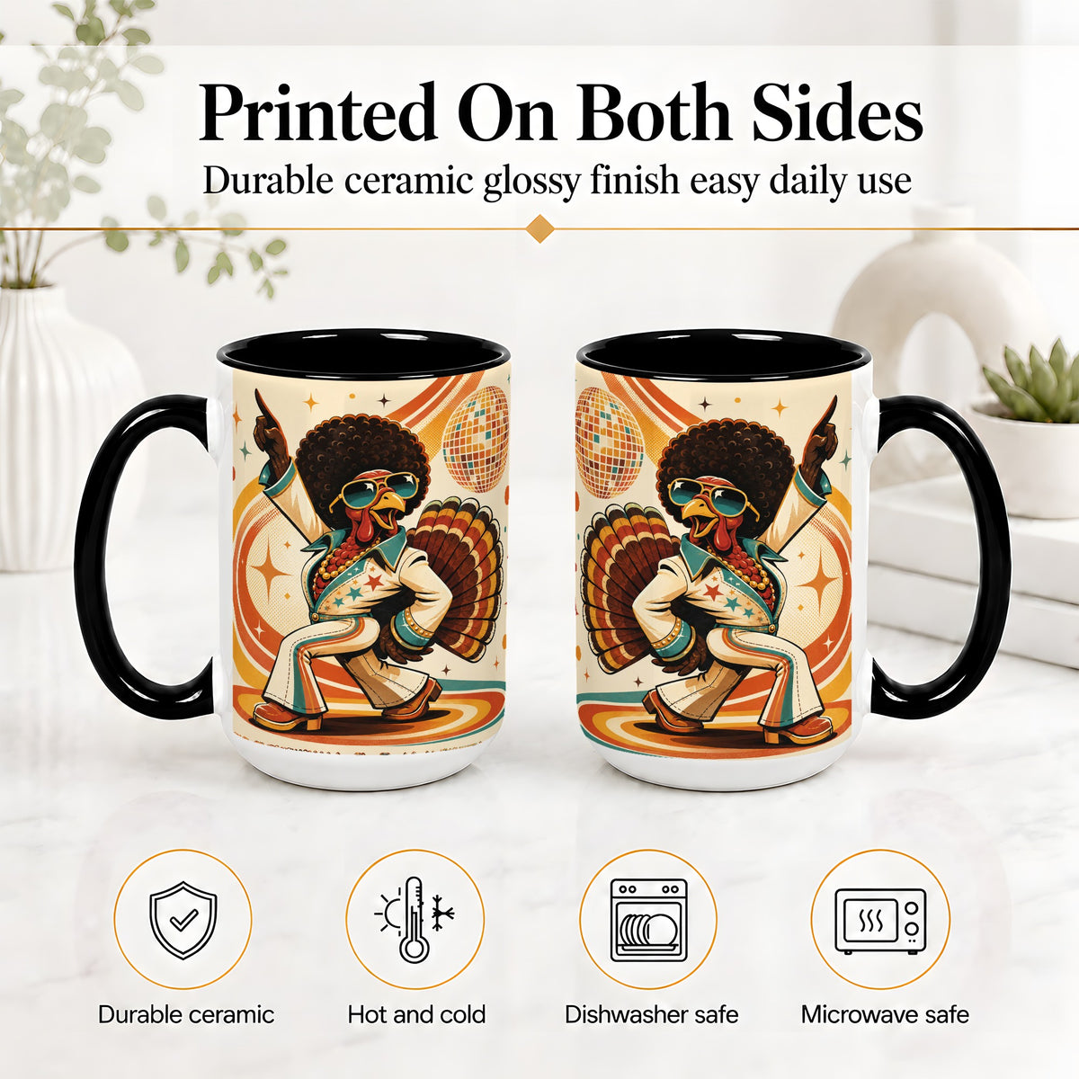 #pl[15oz|Black] Retro Disco Turkey Accent Mug, Ceramic Mug with 70s Dance Artwork