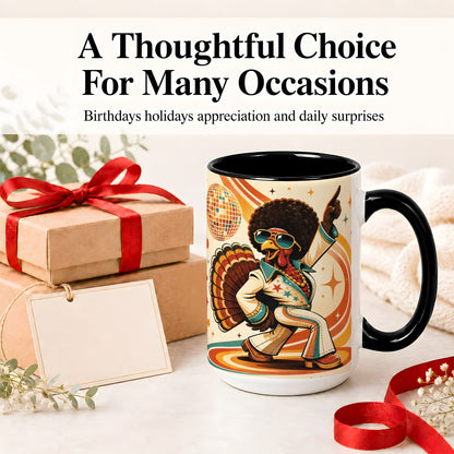 #pl[15oz|Black] Retro Disco Turkey Accent Mug, Ceramic Mug with 70s Dance Artwork