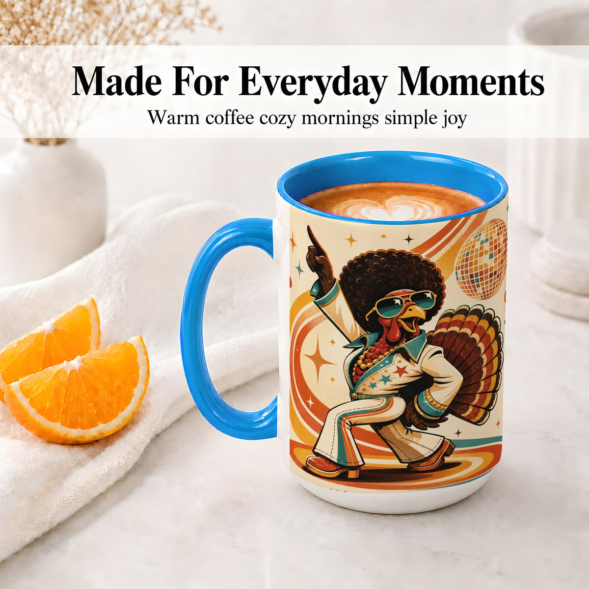#pl[15oz|Blue] Retro Disco Turkey Accent Mug, Ceramic Mug with 70s Dance Artwork