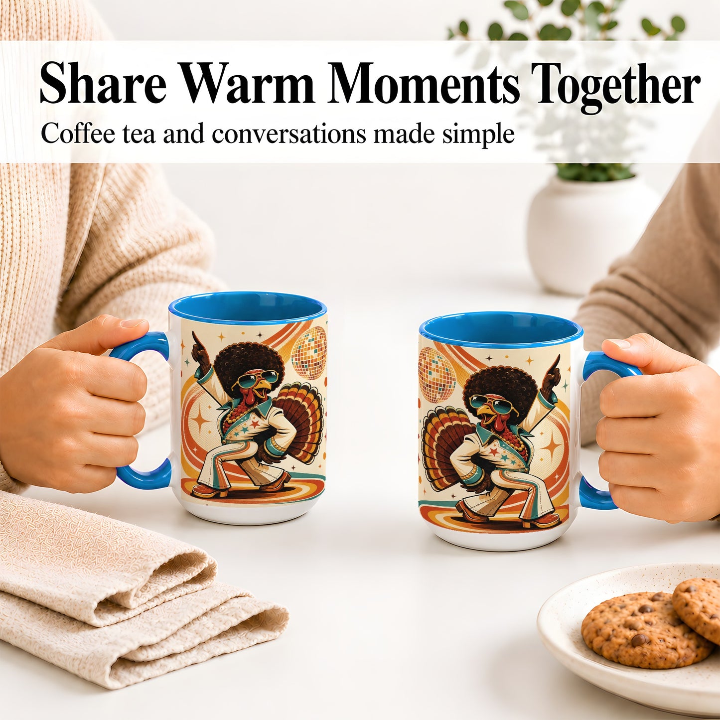 #pl[15oz|Blue] Retro Disco Turkey Accent Mug, Ceramic Mug with 70s Dance Artwork