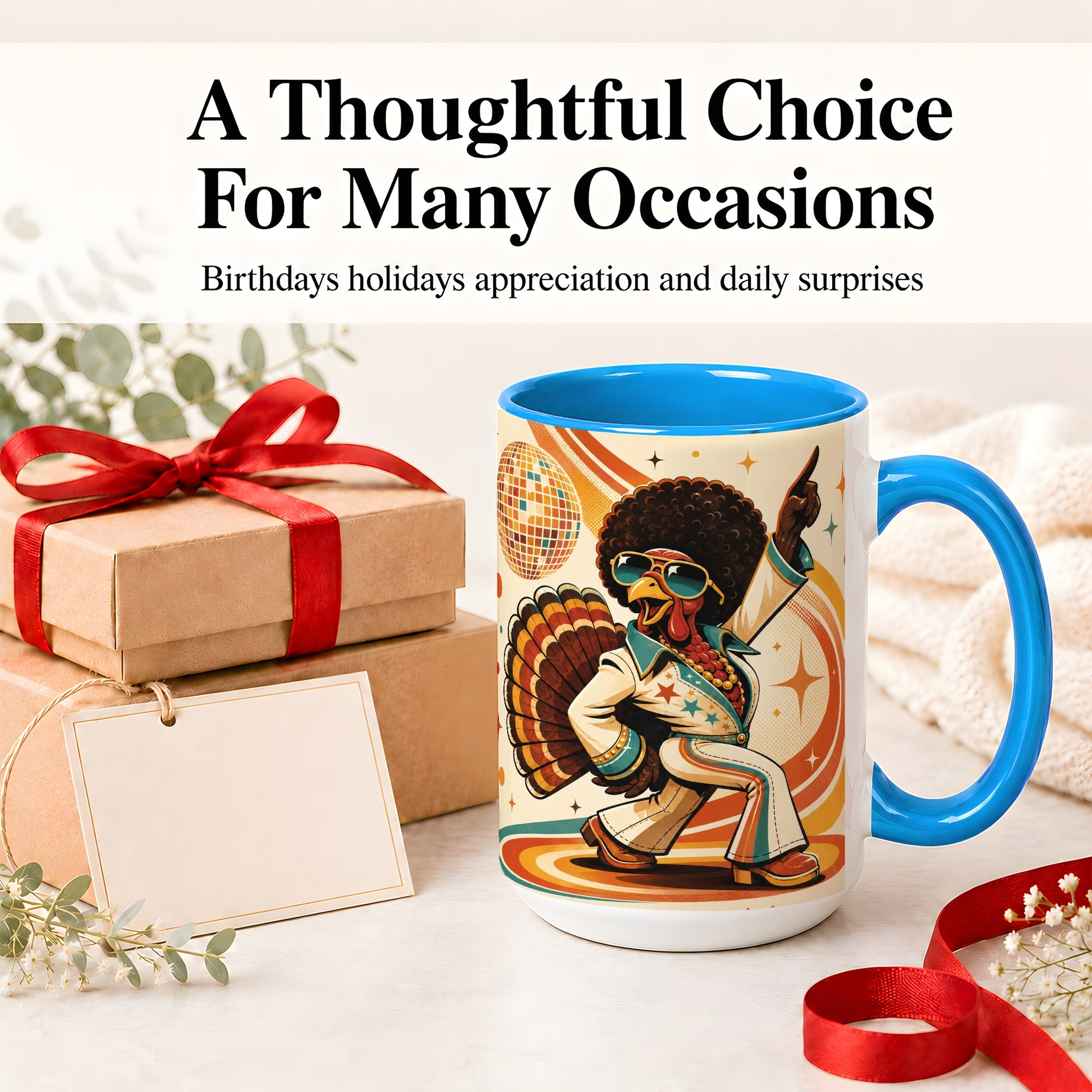 #pl[15oz|Blue] Retro Disco Turkey Accent Mug, Ceramic Mug with 70s Dance Artwork