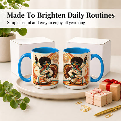 #pl[15oz|Blue] Retro Disco Turkey Accent Mug, Ceramic Mug with 70s Dance Artwork