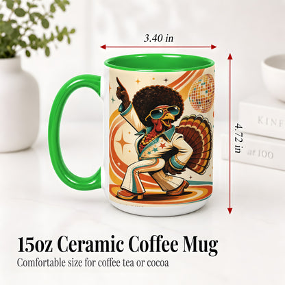 #pl[15oz|Green] Retro Disco Turkey Accent Mug, Ceramic Mug with 70s Dance Artwork