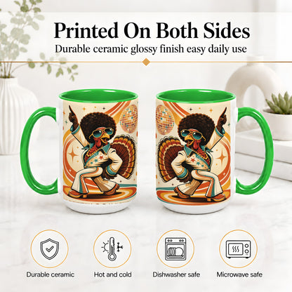 #pl[15oz|Green] Retro Disco Turkey Accent Mug, Ceramic Mug with 70s Dance Artwork