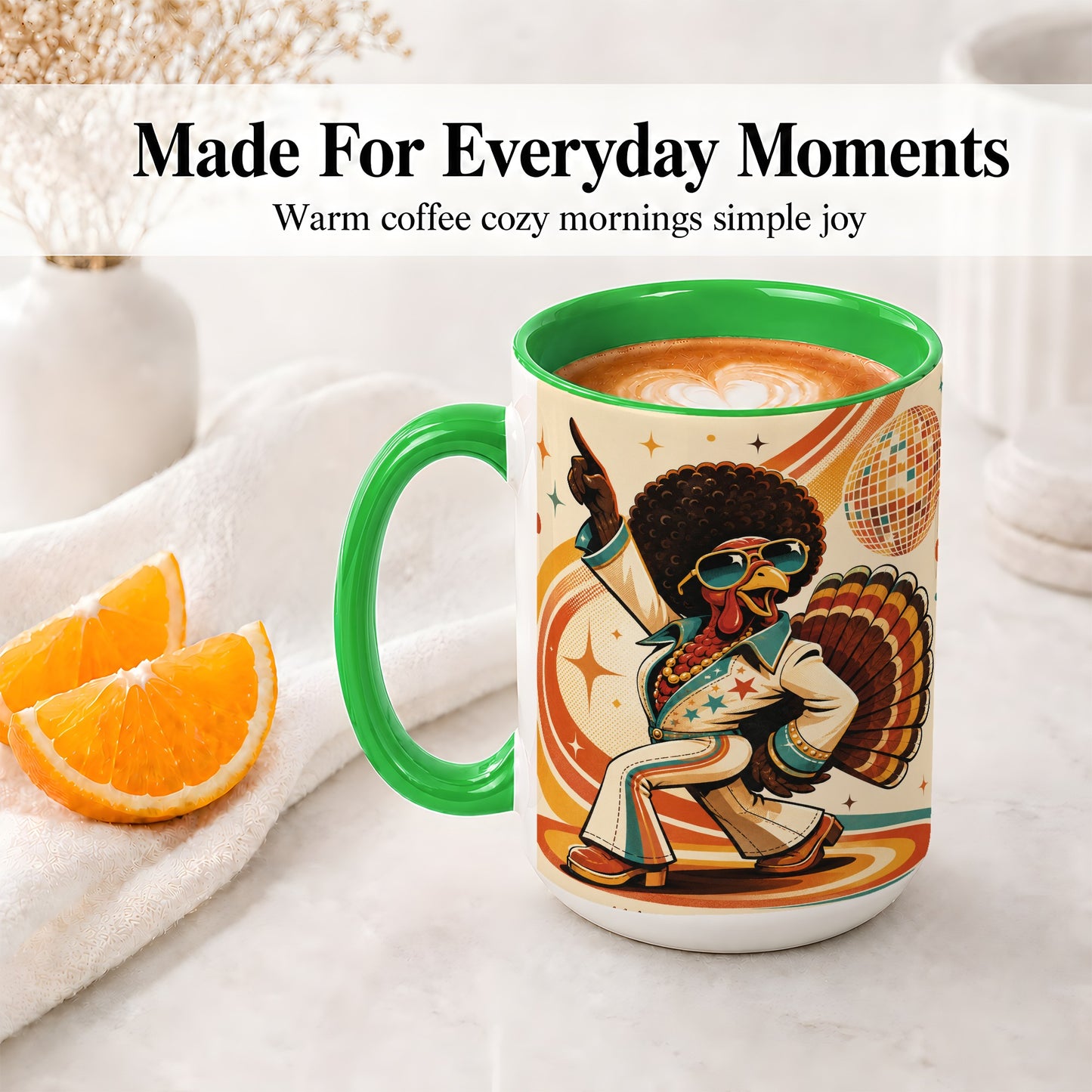 #pl[15oz|Green] Retro Disco Turkey Accent Mug, Ceramic Mug with 70s Dance Artwork