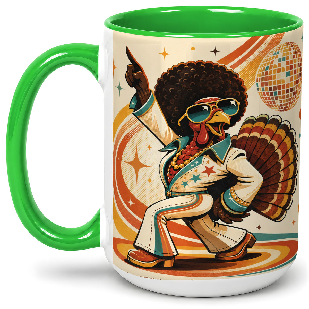 #pl[15oz|Green] Retro Disco Turkey Accent Mug, Ceramic Mug with 70s Dance Artwork