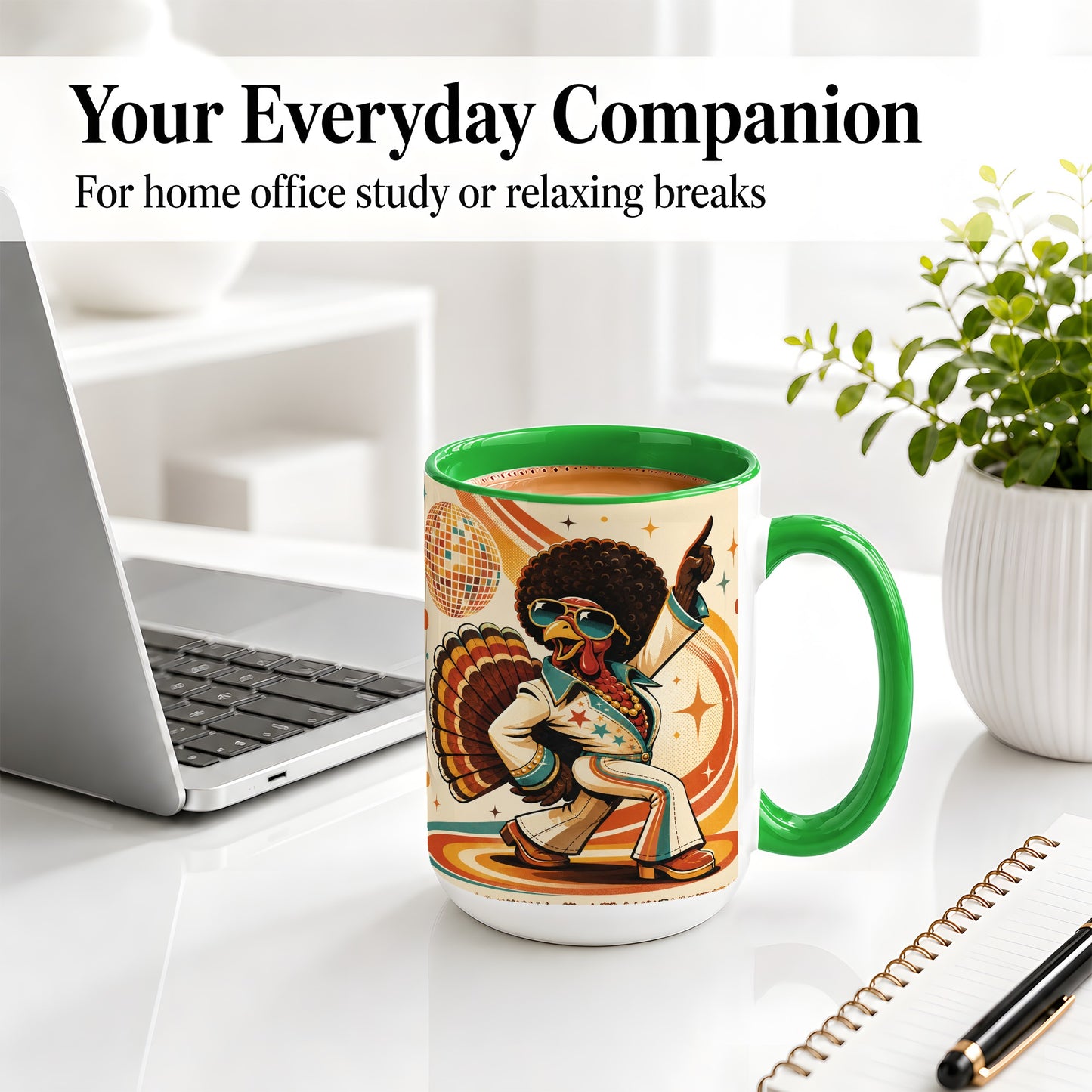 #pl[15oz|Green] Retro Disco Turkey Accent Mug, Ceramic Mug with 70s Dance Artwork