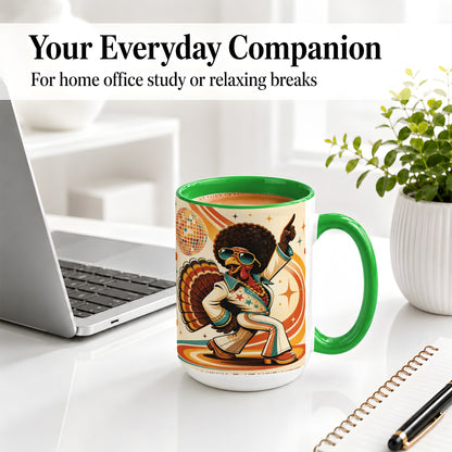 #pl[15oz|Green] Retro Disco Turkey Accent Mug, Ceramic Mug with 70s Dance Artwork