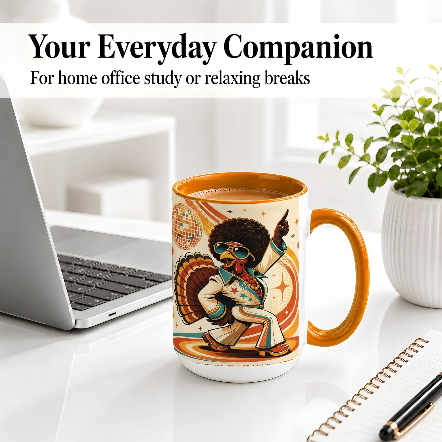 #pl[15oz|Orange] Retro Disco Turkey Accent Mug, Ceramic Mug with 70s Dance Artwork