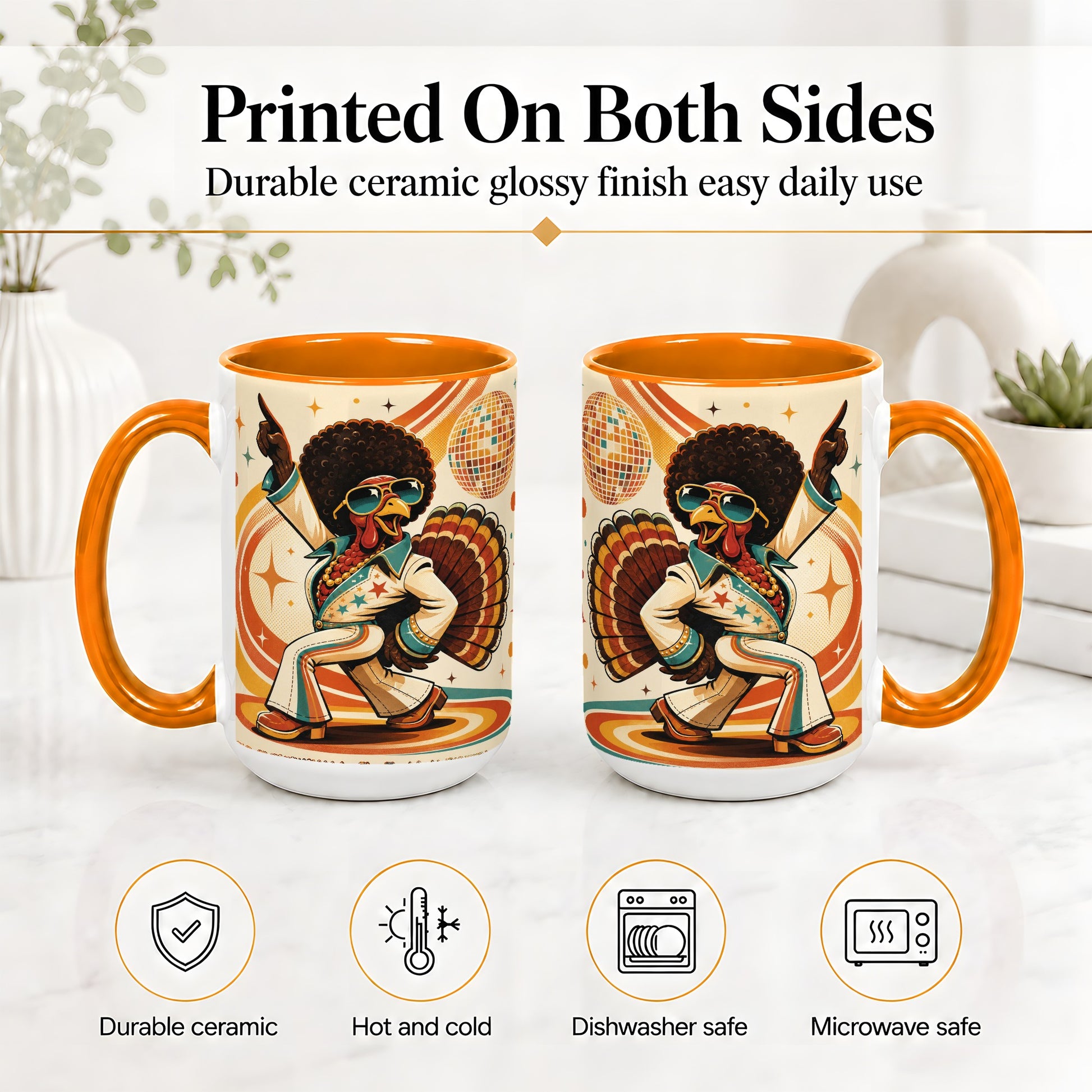 #pl[15oz|Orange] Retro Disco Turkey Accent Mug, Ceramic Mug with 70s Dance Artwork