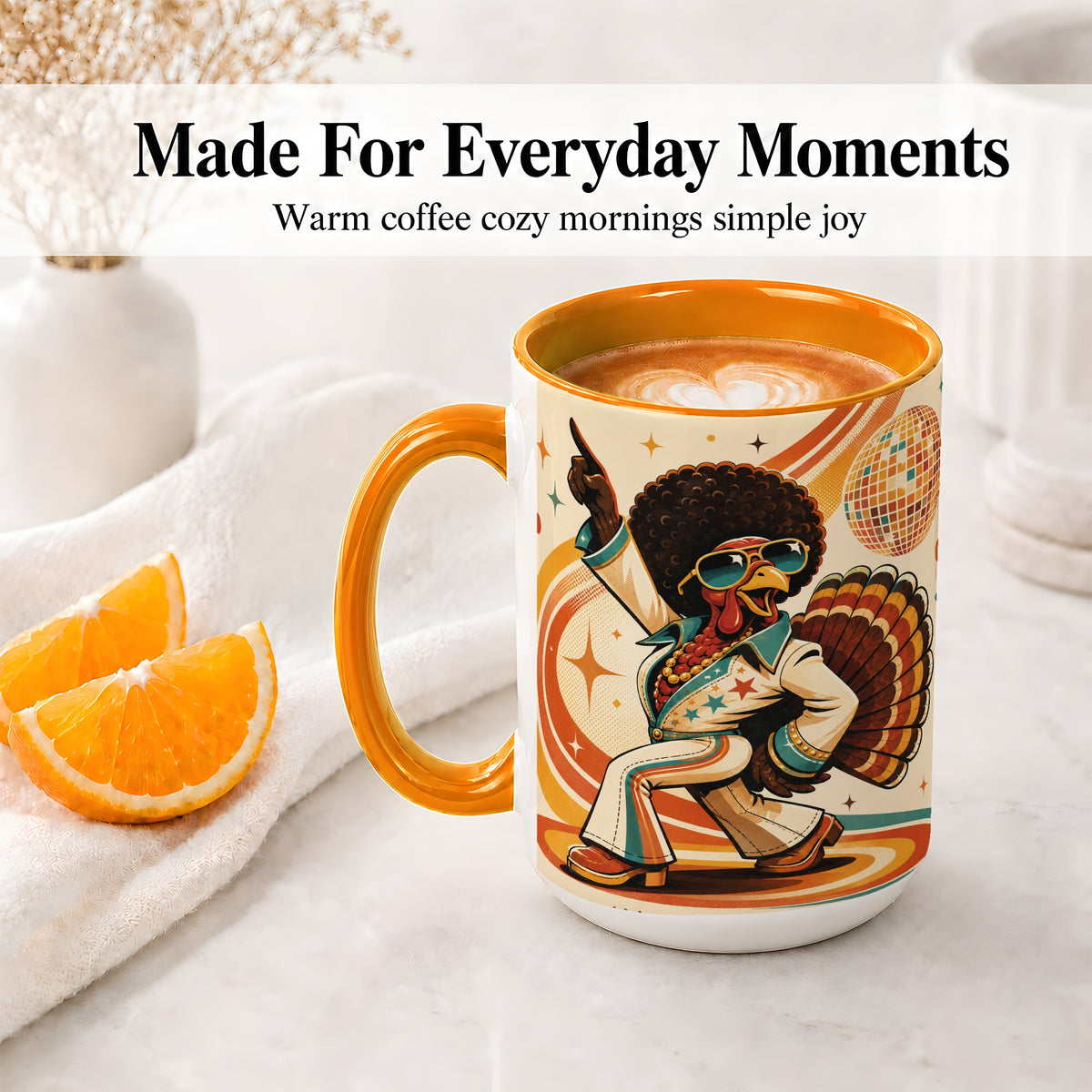 #pl[15oz|Orange] Retro Disco Turkey Accent Mug, Ceramic Mug with 70s Dance Artwork