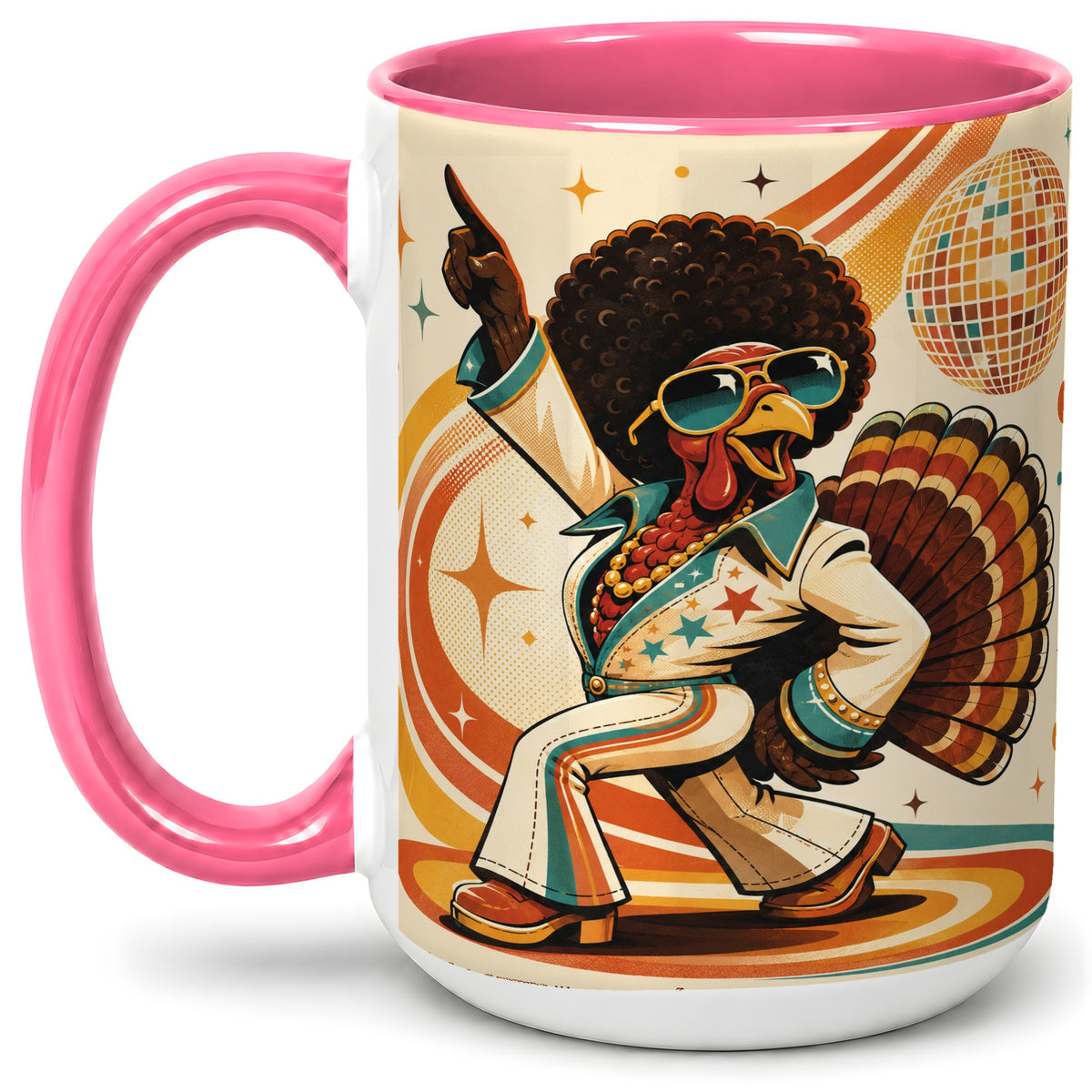 #pl[15oz|Pink] Retro Disco Turkey Accent Mug, Ceramic Mug with 70s Dance Artwork