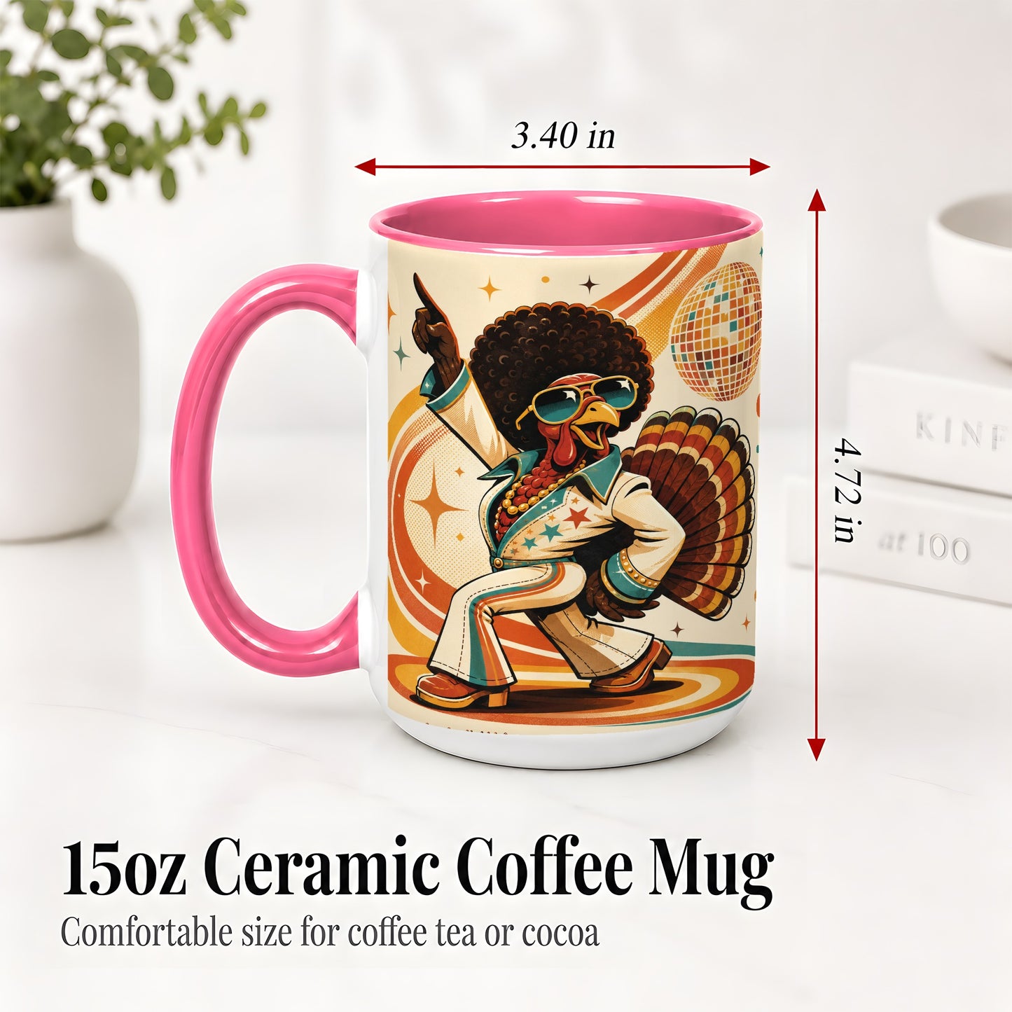#pl[15oz|Pink] Retro Disco Turkey Accent Mug, Ceramic Mug with 70s Dance Artwork