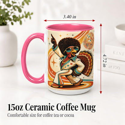 #pl[15oz|Pink] Retro Disco Turkey Accent Mug, Ceramic Mug with 70s Dance Artwork