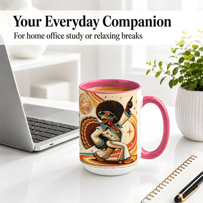 #pl[15oz|Pink] Retro Disco Turkey Accent Mug, Ceramic Mug with 70s Dance Artwork