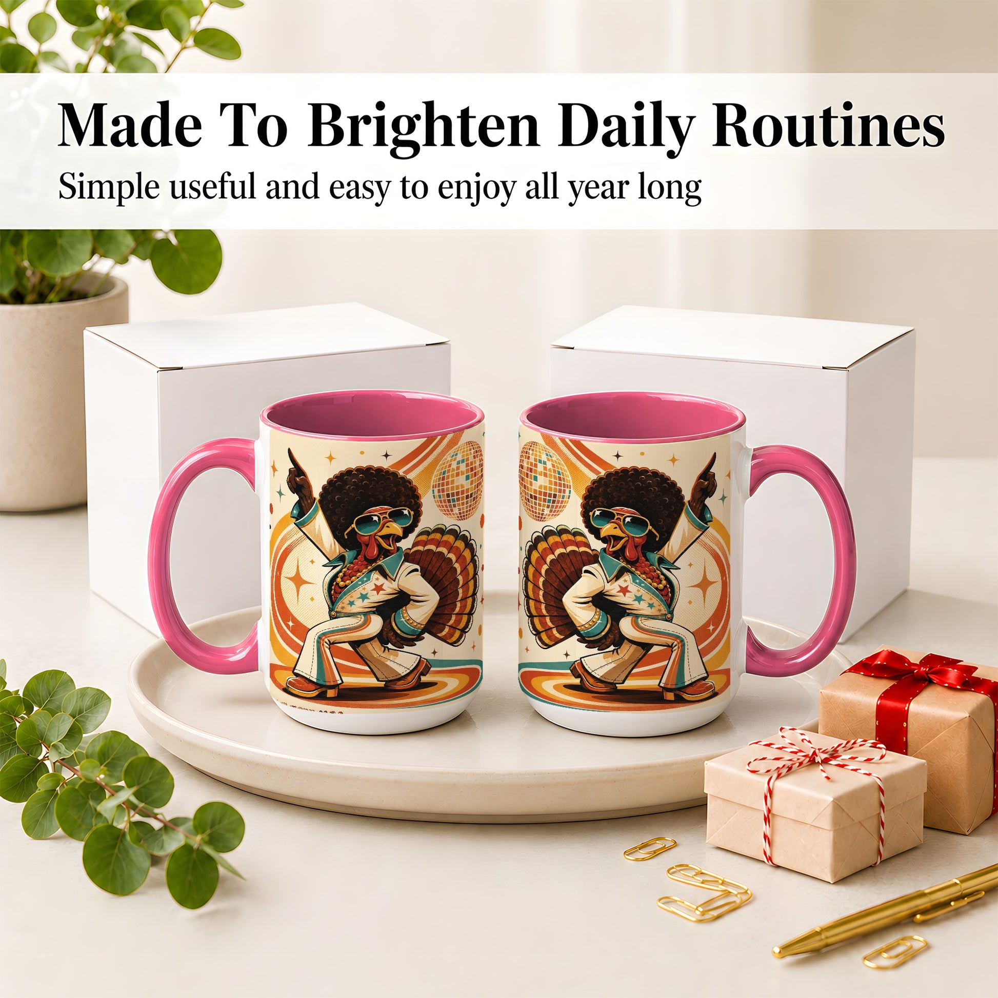 #pl[15oz|Pink] Retro Disco Turkey Accent Mug, Ceramic Mug with 70s Dance Artwork