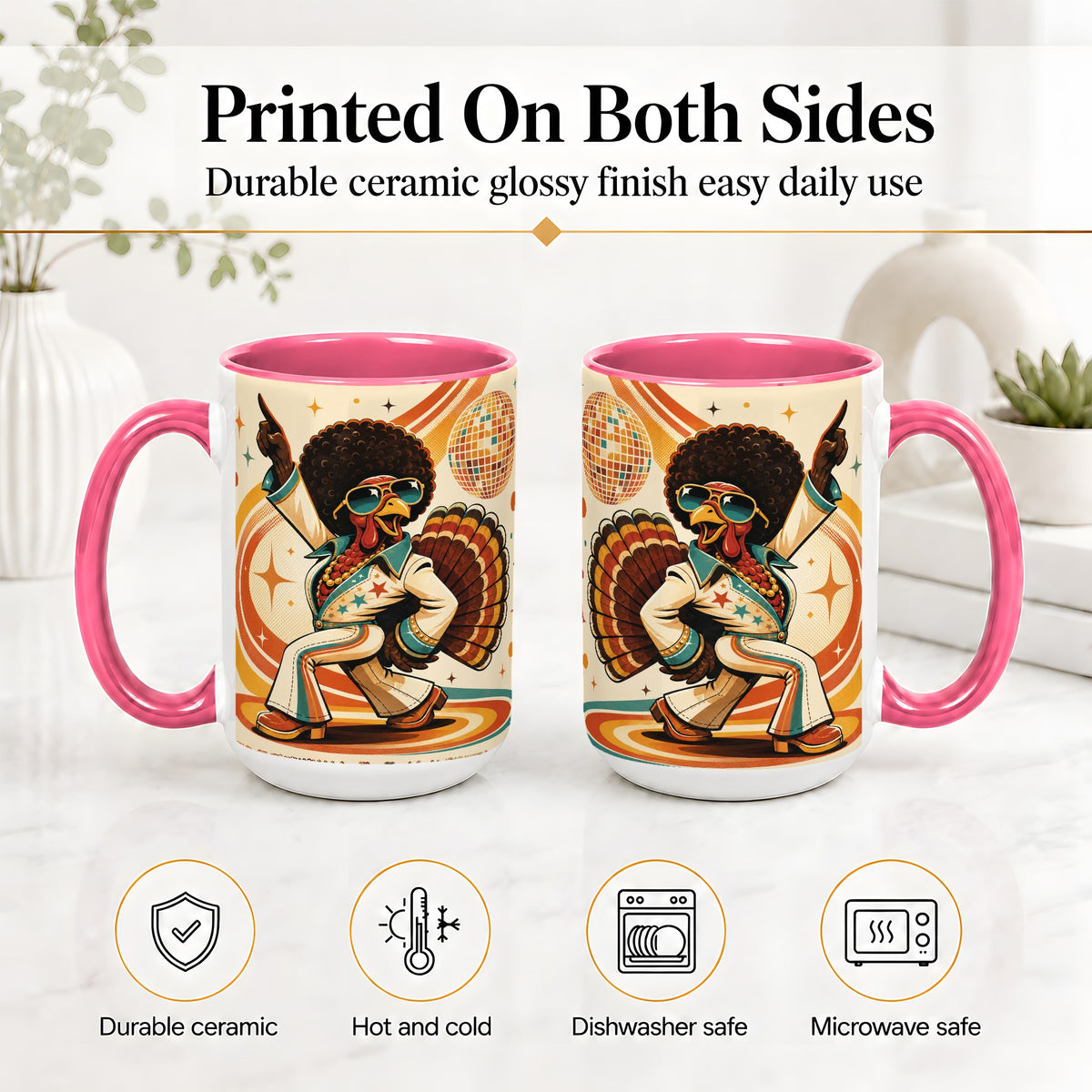 #pl[15oz|Pink] Retro Disco Turkey Accent Mug, Ceramic Mug with 70s Dance Artwork