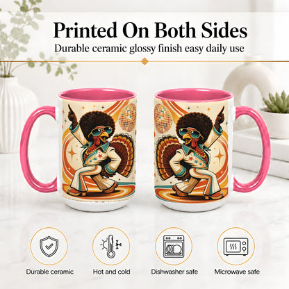 #pl[15oz|Pink] Retro Disco Turkey Accent Mug, Ceramic Mug with 70s Dance Artwork