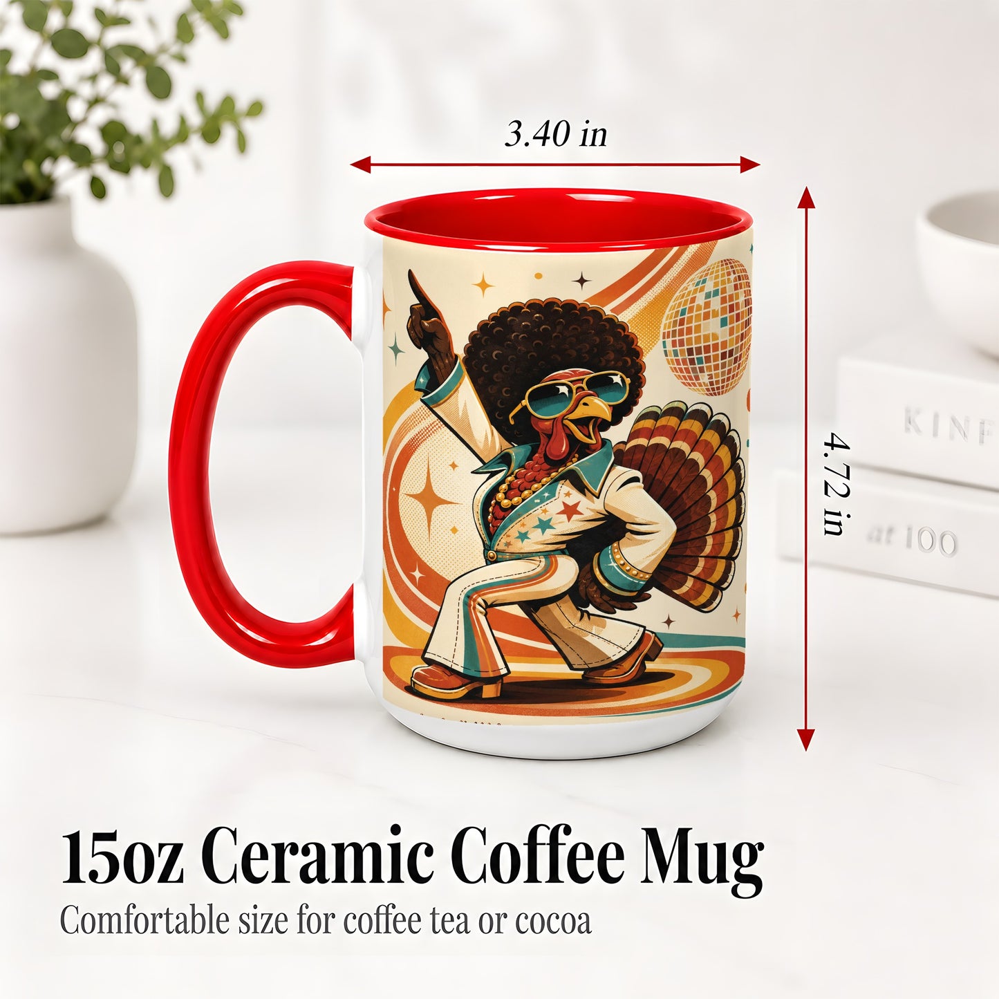 #pl[15oz|Red] Retro Disco Turkey Accent Mug, Ceramic Mug with 70s Dance Artwork