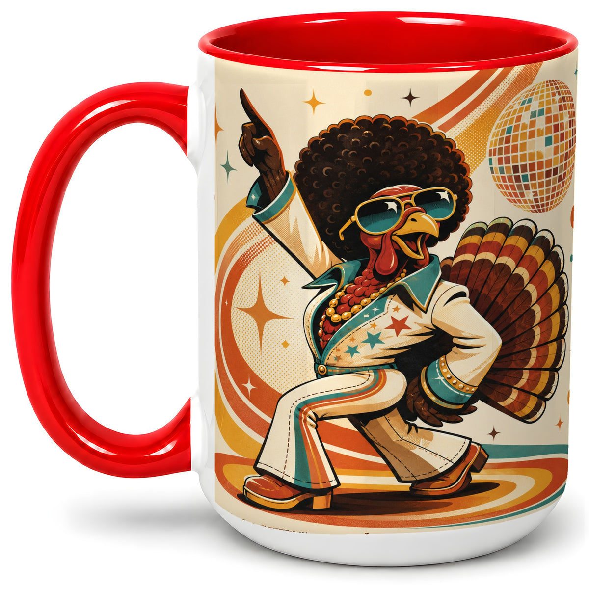 #pl[15oz|Red] Retro Disco Turkey Accent Mug, Ceramic Mug with 70s Dance Artwork