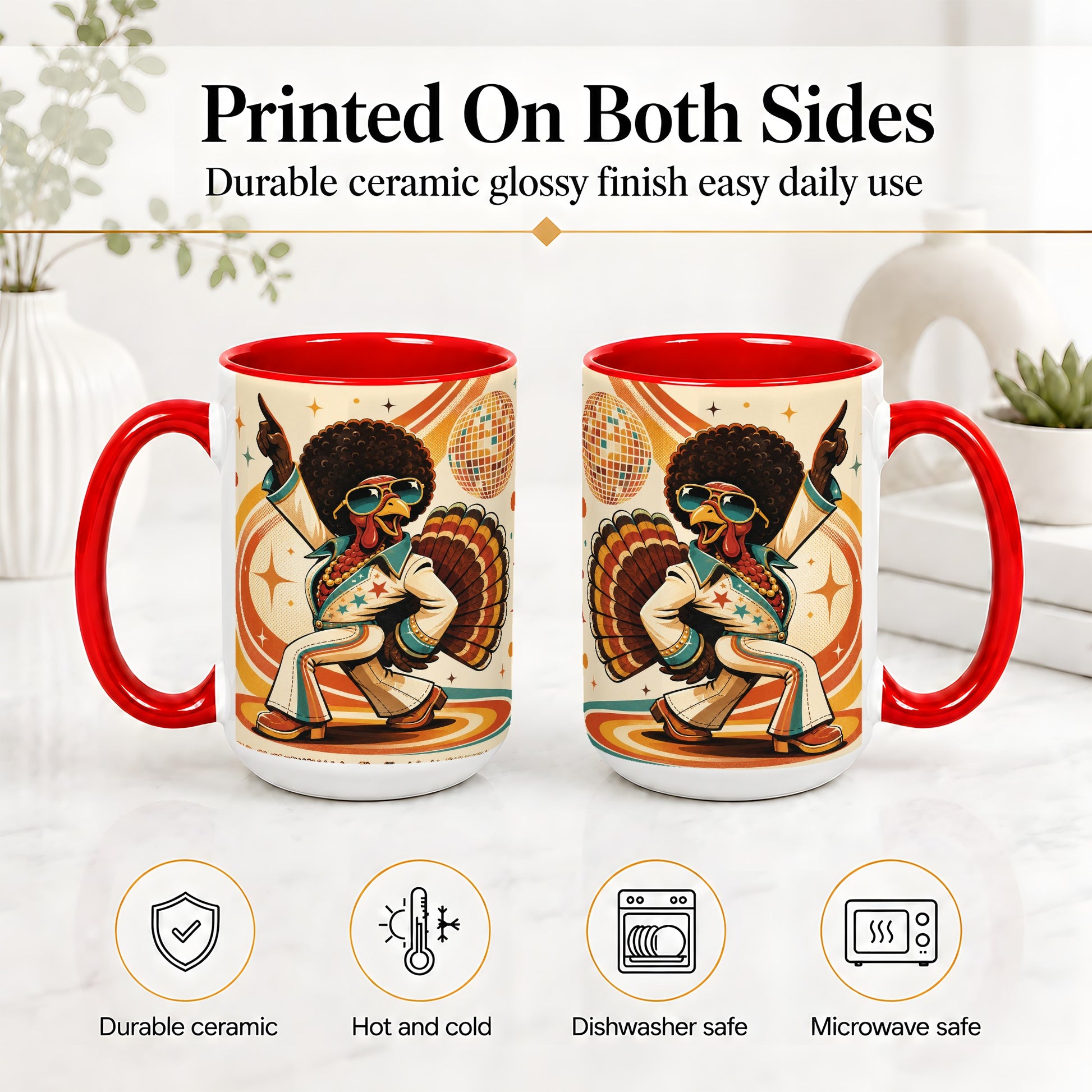 #pl[15oz|Red] Retro Disco Turkey Accent Mug, Ceramic Mug with 70s Dance Artwork