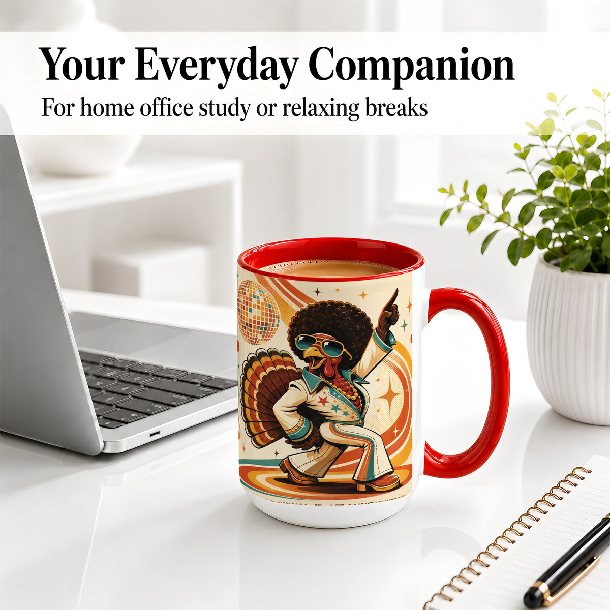 #pl[15oz|Red] Retro Disco Turkey Accent Mug, Ceramic Mug with 70s Dance Artwork