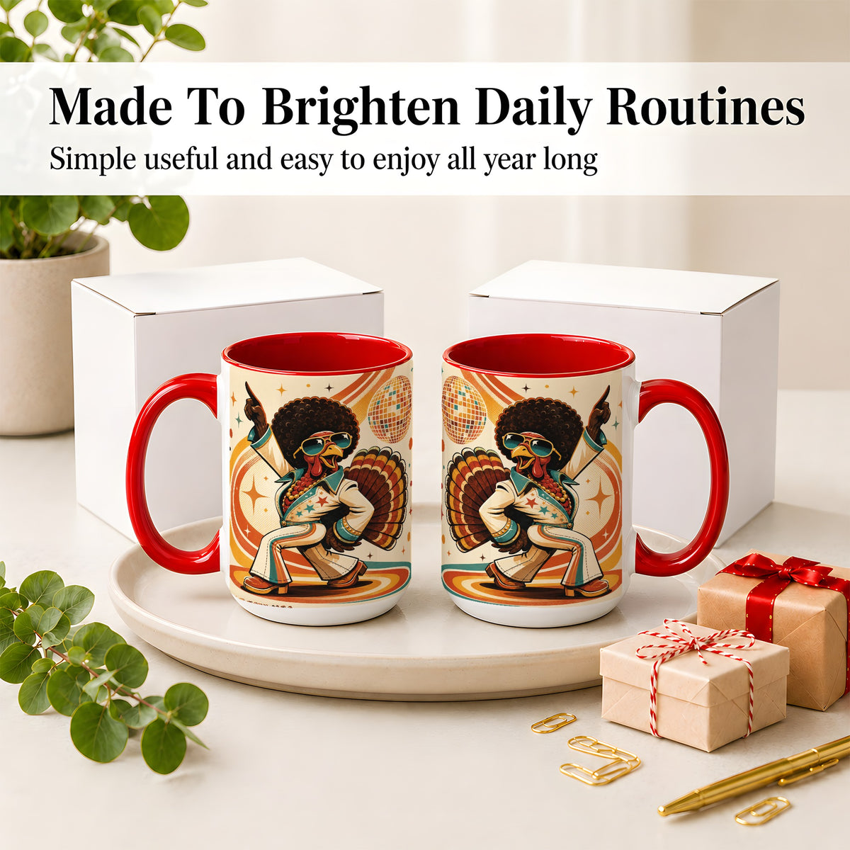#pl[15oz|Red] Retro Disco Turkey Accent Mug, Ceramic Mug with 70s Dance Artwork