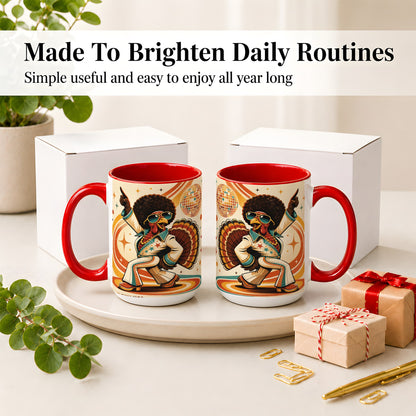#pl[15oz|Red] Retro Disco Turkey Accent Mug, Ceramic Mug with 70s Dance Artwork