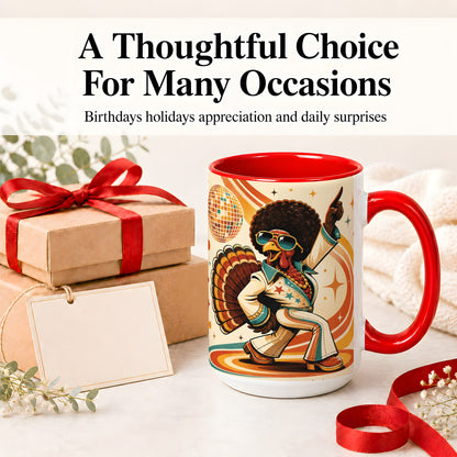 #pl[15oz|Red] Retro Disco Turkey Accent Mug, Ceramic Mug with 70s Dance Artwork