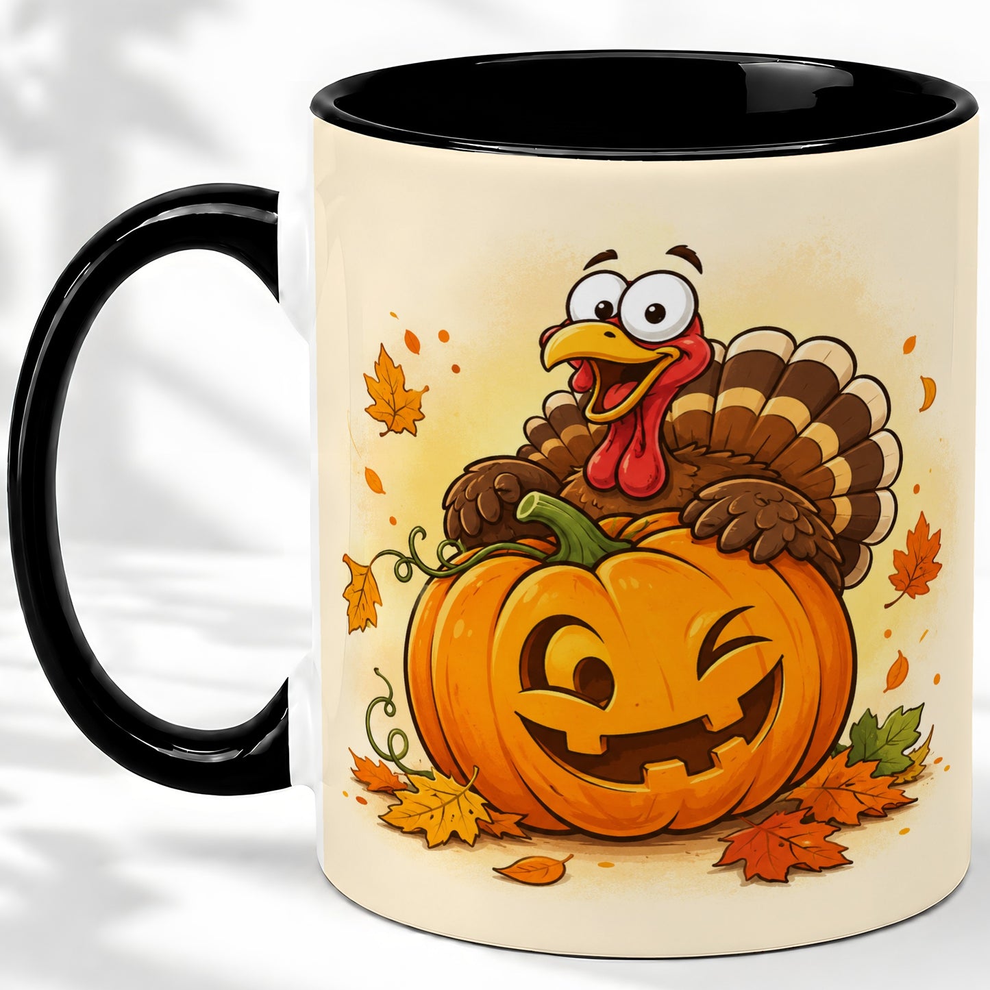 #pl[11oz|Black] Turkey Pumpkin Accent Mug, Ceramic Mug with Jack-O-Lantern Artwork