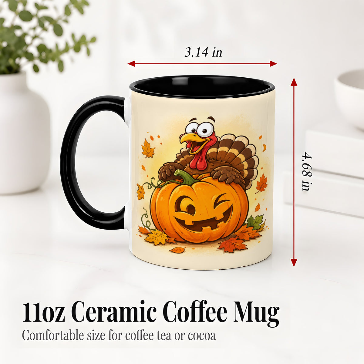 #pl[11oz|Black] Turkey Pumpkin Accent Mug, Ceramic Mug with Jack-O-Lantern Artwork