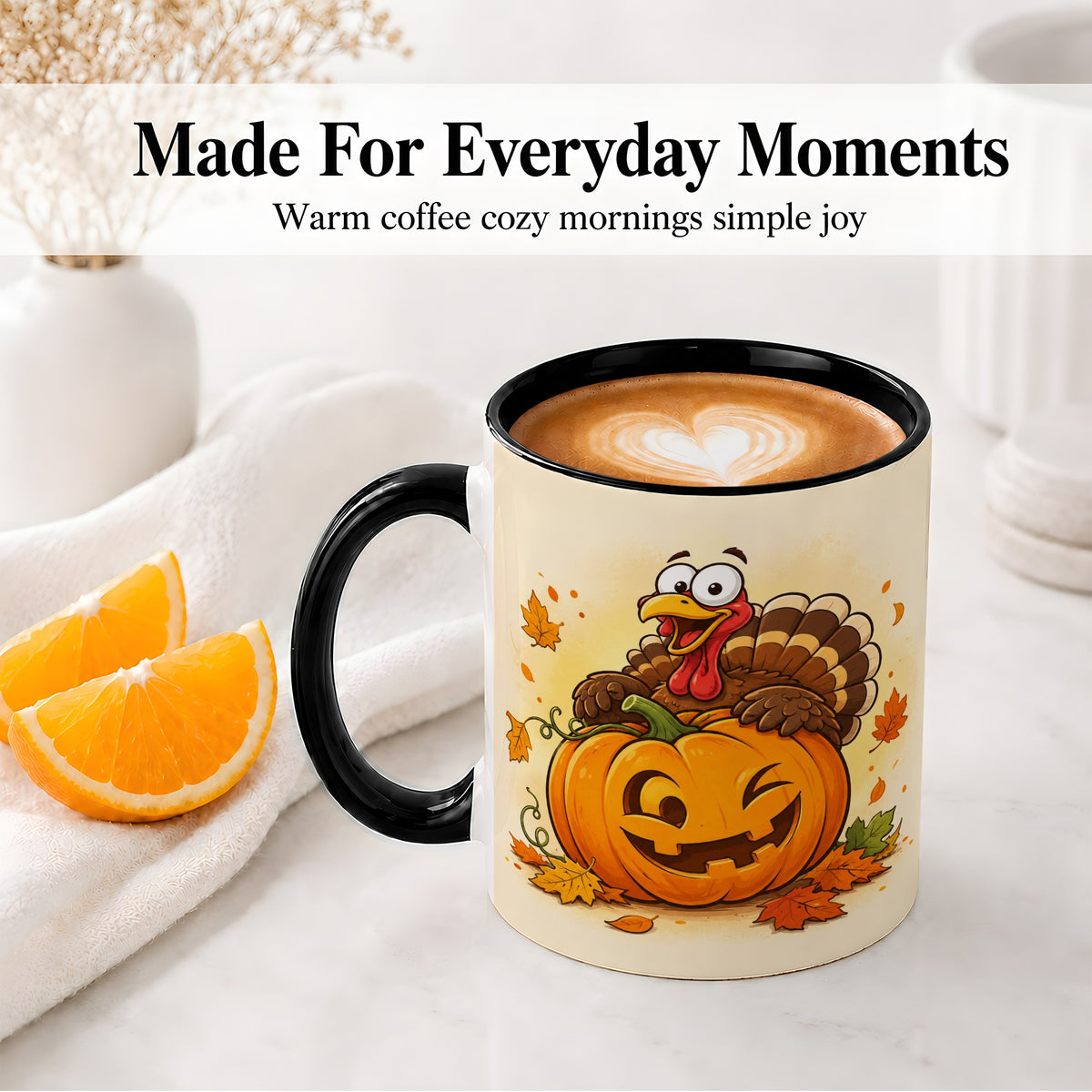 #pl[11oz|Black] Turkey Pumpkin Accent Mug, Ceramic Mug with Jack-O-Lantern Artwork