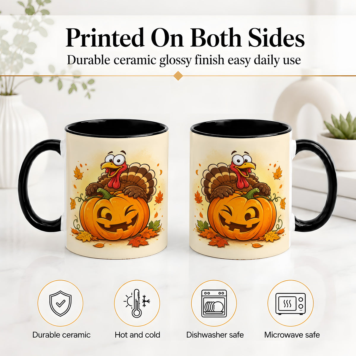 #pl[11oz|Black] Turkey Pumpkin Accent Mug, Ceramic Mug with Jack-O-Lantern Artwork