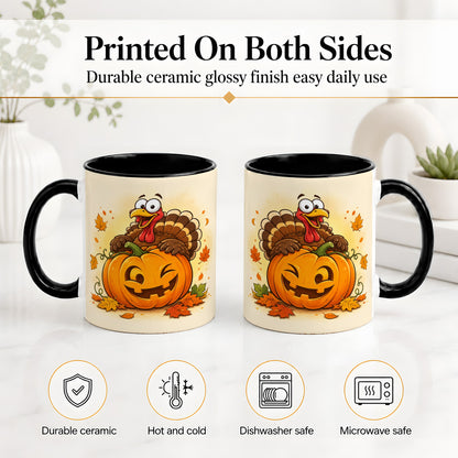 #pl[11oz|Black] Turkey Pumpkin Accent Mug, Ceramic Mug with Jack-O-Lantern Artwork