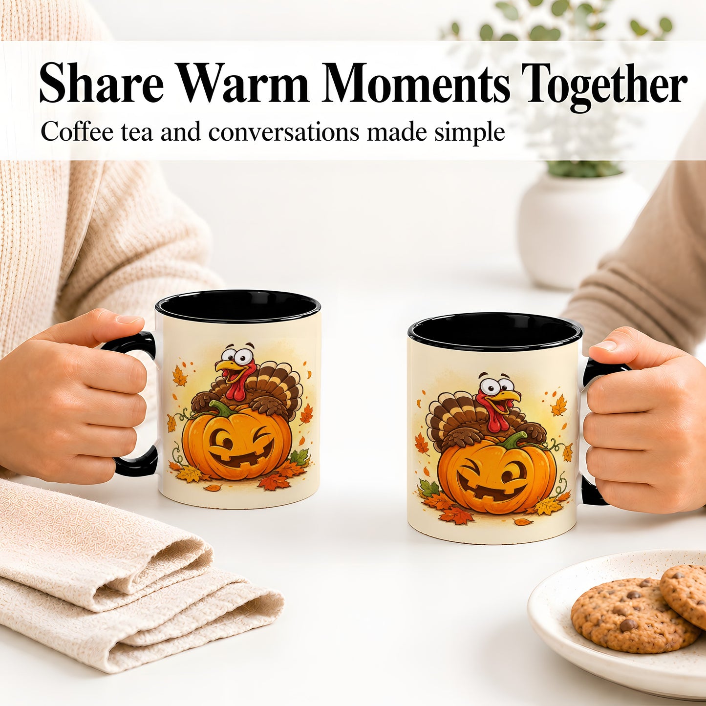 #pl[11oz|Black] Turkey Pumpkin Accent Mug, Ceramic Mug with Jack-O-Lantern Artwork