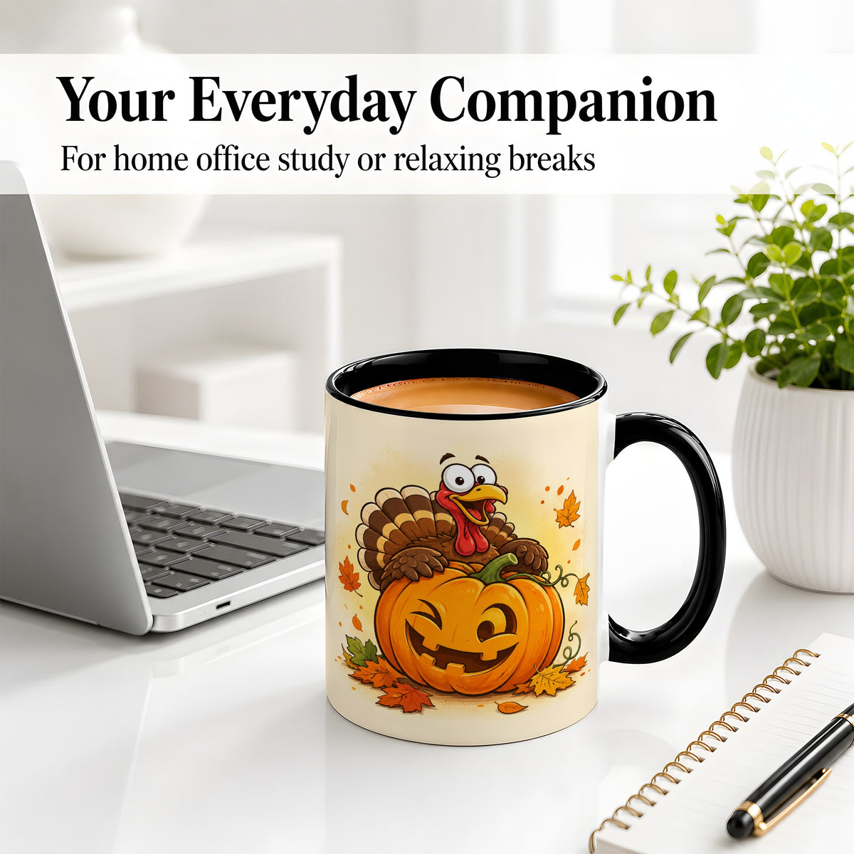 #pl[11oz|Black] Turkey Pumpkin Accent Mug, Ceramic Mug with Jack-O-Lantern Artwork