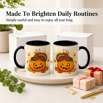 #pl[11oz|Black] Turkey Pumpkin Accent Mug, Ceramic Mug with Jack-O-Lantern Artwork