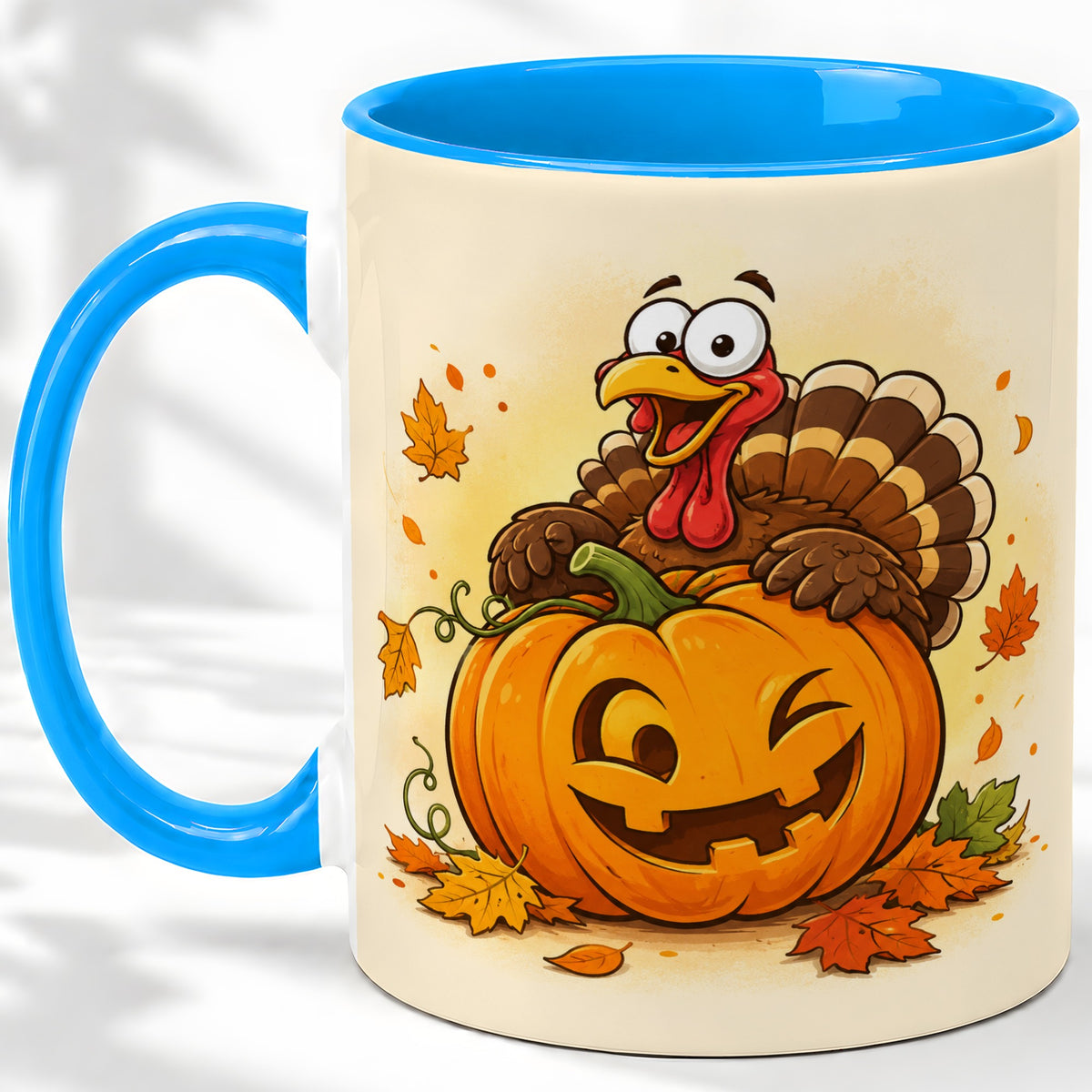 #pl[11oz|Blue] Turkey Pumpkin Accent Mug, Ceramic Mug with Jack-O-Lantern Artwork