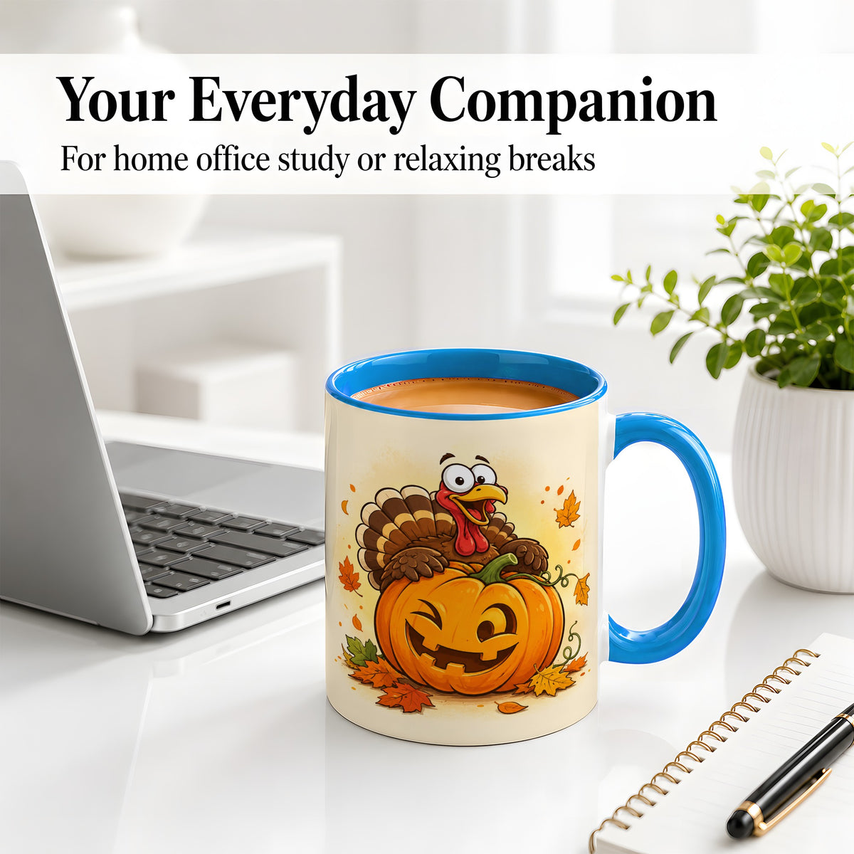 #pl[11oz|Blue] Turkey Pumpkin Accent Mug, Ceramic Mug with Jack-O-Lantern Artwork