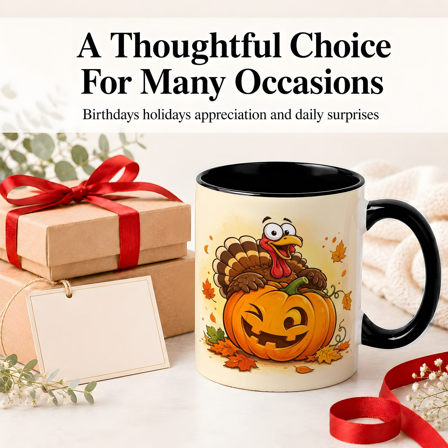 #pl[11oz|Black] Turkey Pumpkin Accent Mug, Ceramic Mug with Jack-O-Lantern Artwork