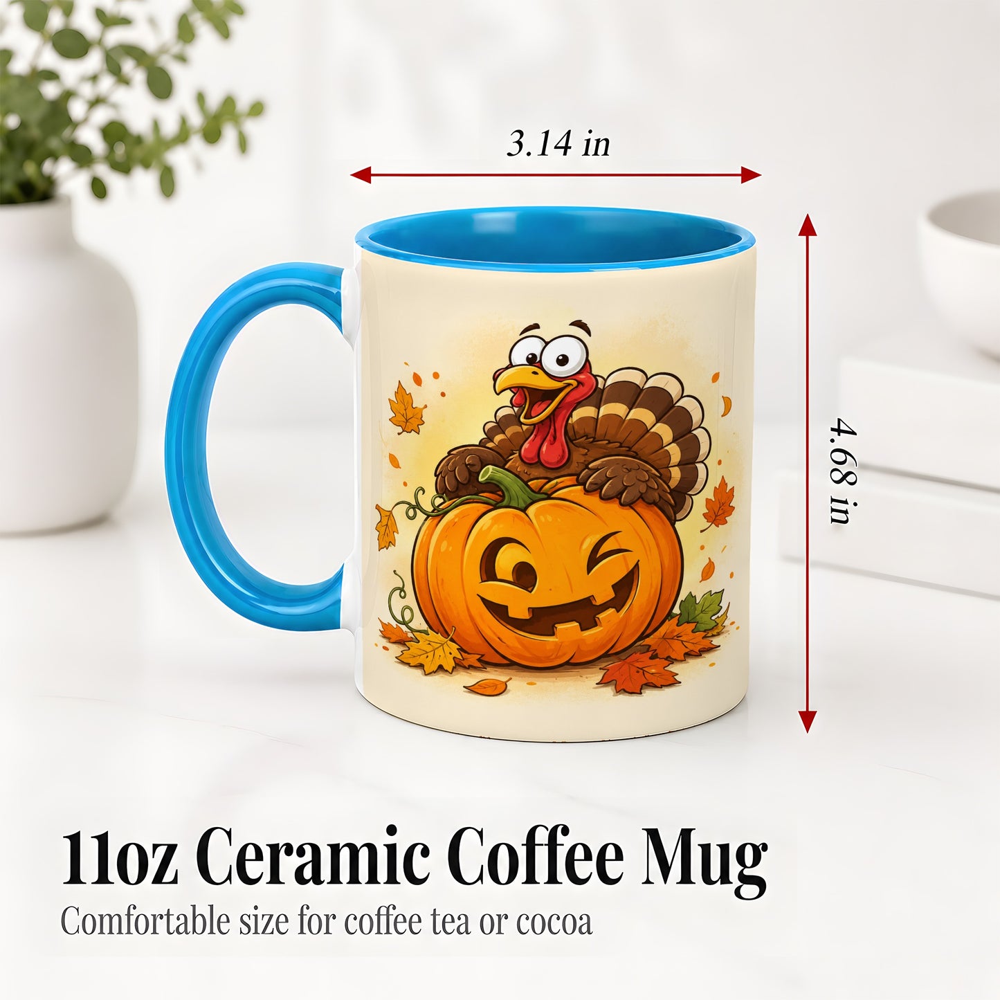 #pl[11oz|Blue] Turkey Pumpkin Accent Mug, Ceramic Mug with Jack-O-Lantern Artwork
