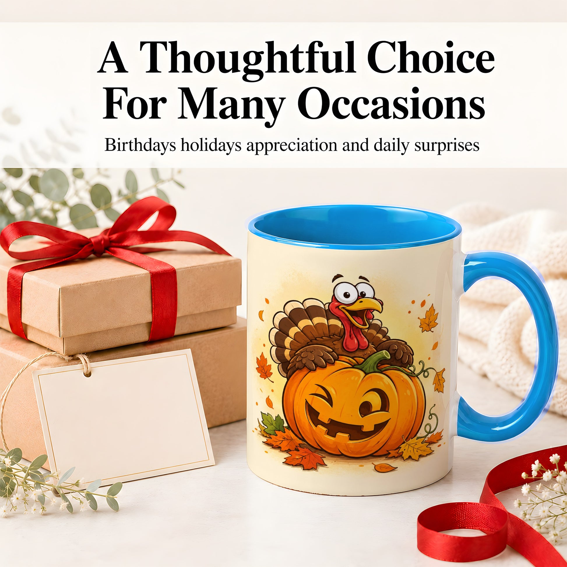#pl[11oz|Blue] Turkey Pumpkin Accent Mug, Ceramic Mug with Jack-O-Lantern Artwork