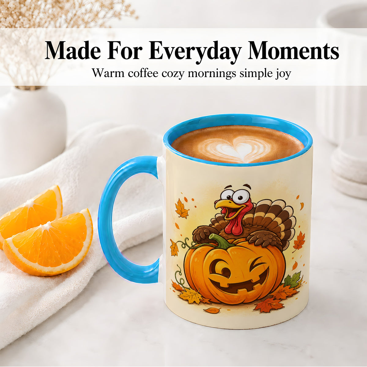 #pl[11oz|Blue] Turkey Pumpkin Accent Mug, Ceramic Mug with Jack-O-Lantern Artwork