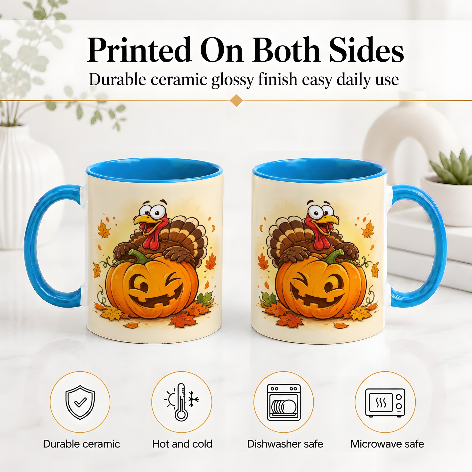 #pl[11oz|Blue] Turkey Pumpkin Accent Mug, Ceramic Mug with Jack-O-Lantern Artwork