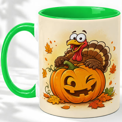 #pl[11oz|Green] Turkey Pumpkin Accent Mug, Ceramic Mug with Jack-O-Lantern Artwork