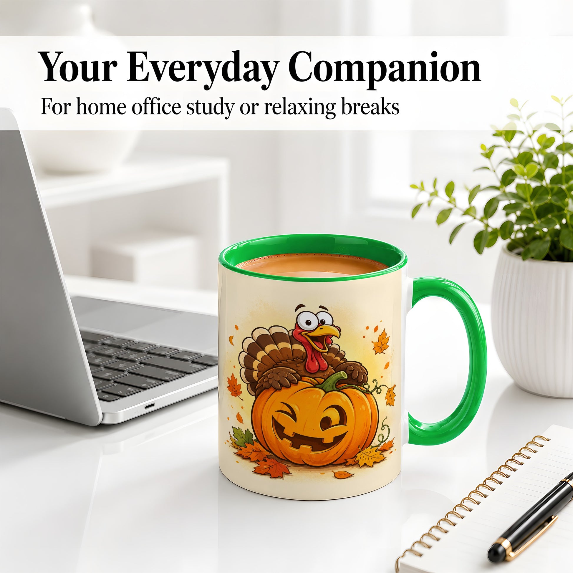 #pl[11oz|Green] Turkey Pumpkin Accent Mug, Ceramic Mug with Jack-O-Lantern Artwork
