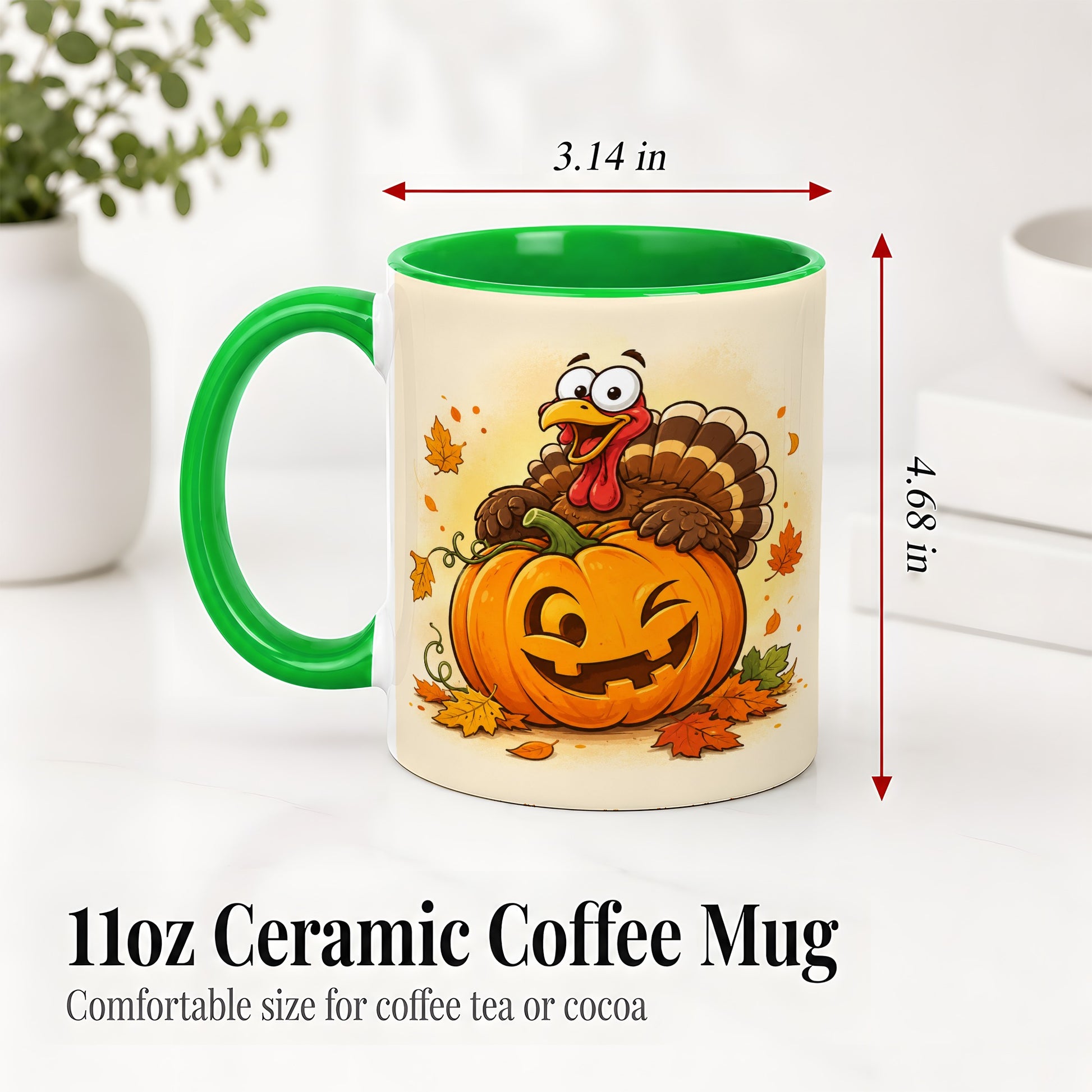 #pl[11oz|Green] Turkey Pumpkin Accent Mug, Ceramic Mug with Jack-O-Lantern Artwork