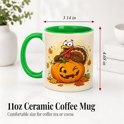 #pl[11oz|Green] Turkey Pumpkin Accent Mug, Ceramic Mug with Jack-O-Lantern Artwork