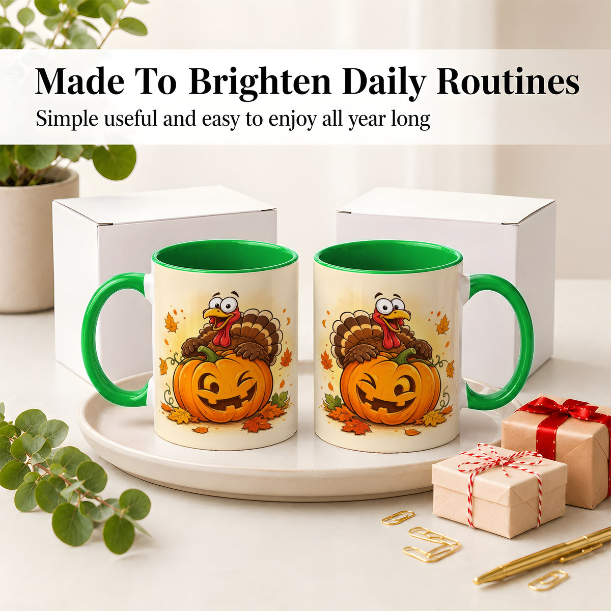 #pl[11oz|Green] Turkey Pumpkin Accent Mug, Ceramic Mug with Jack-O-Lantern Artwork